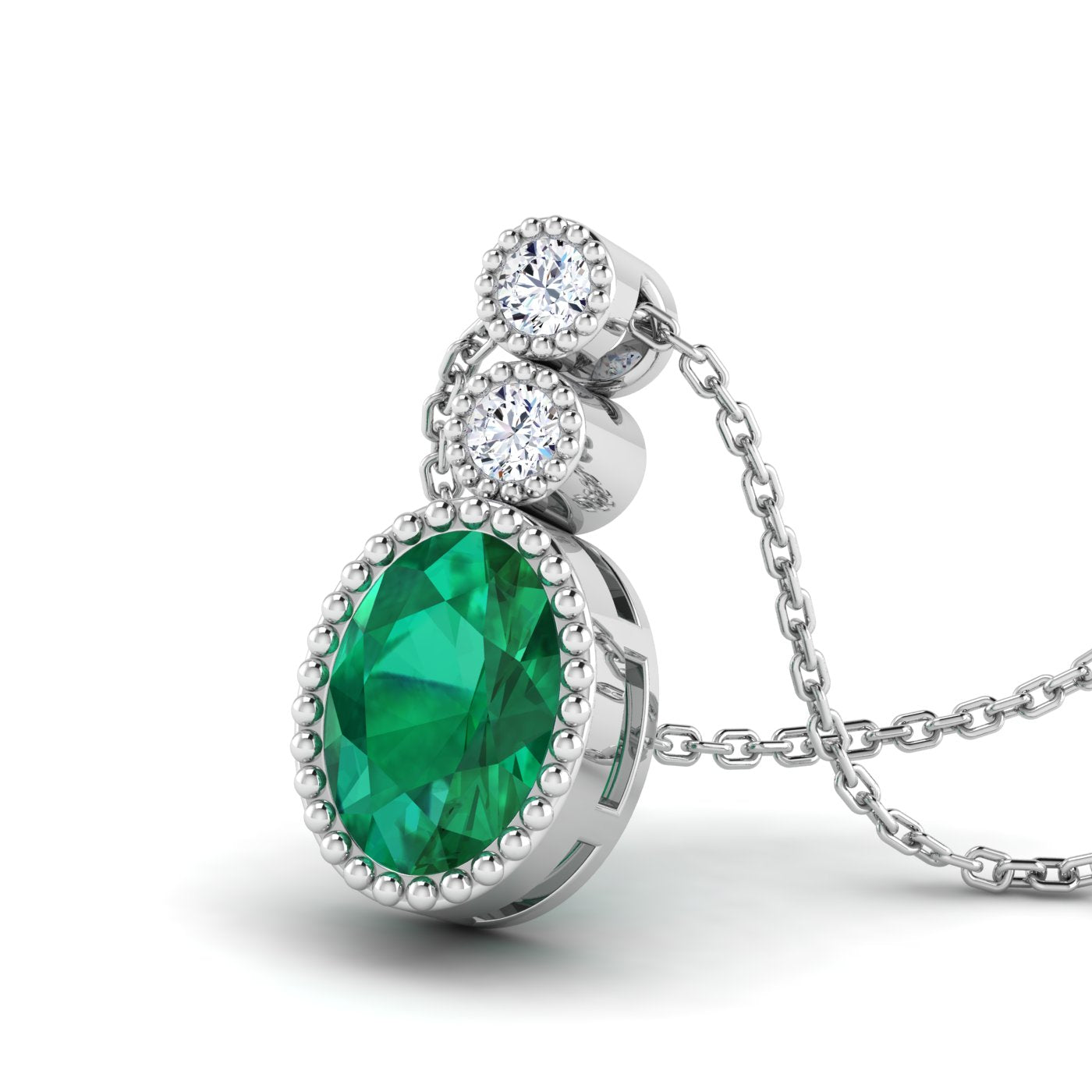 Classic Three-Stone Oval Shaped Emerald with Round Shaped Diamonds Pendant