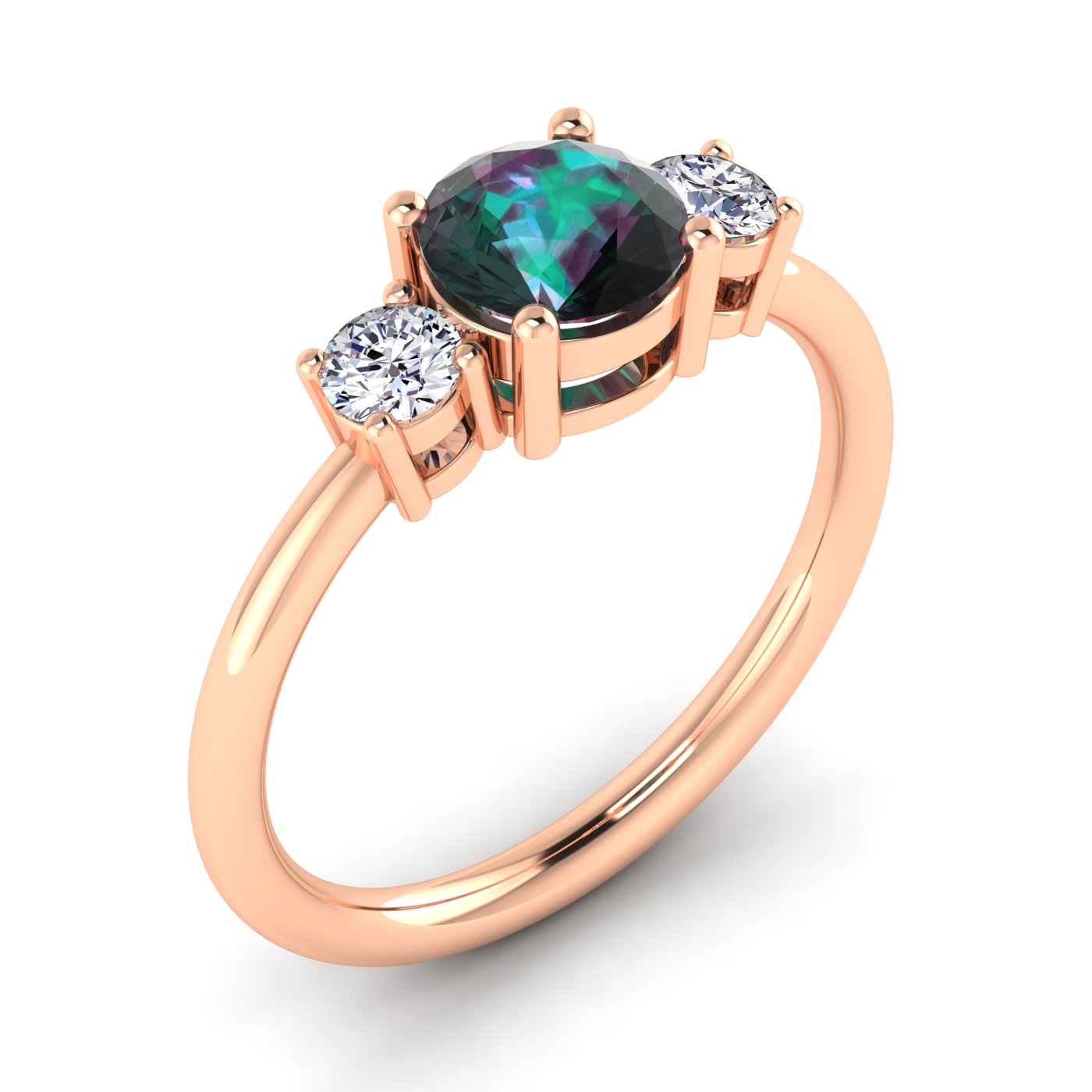 Classic Three-Stone Round Shaped Alexandrite With Round Diamonds Ring