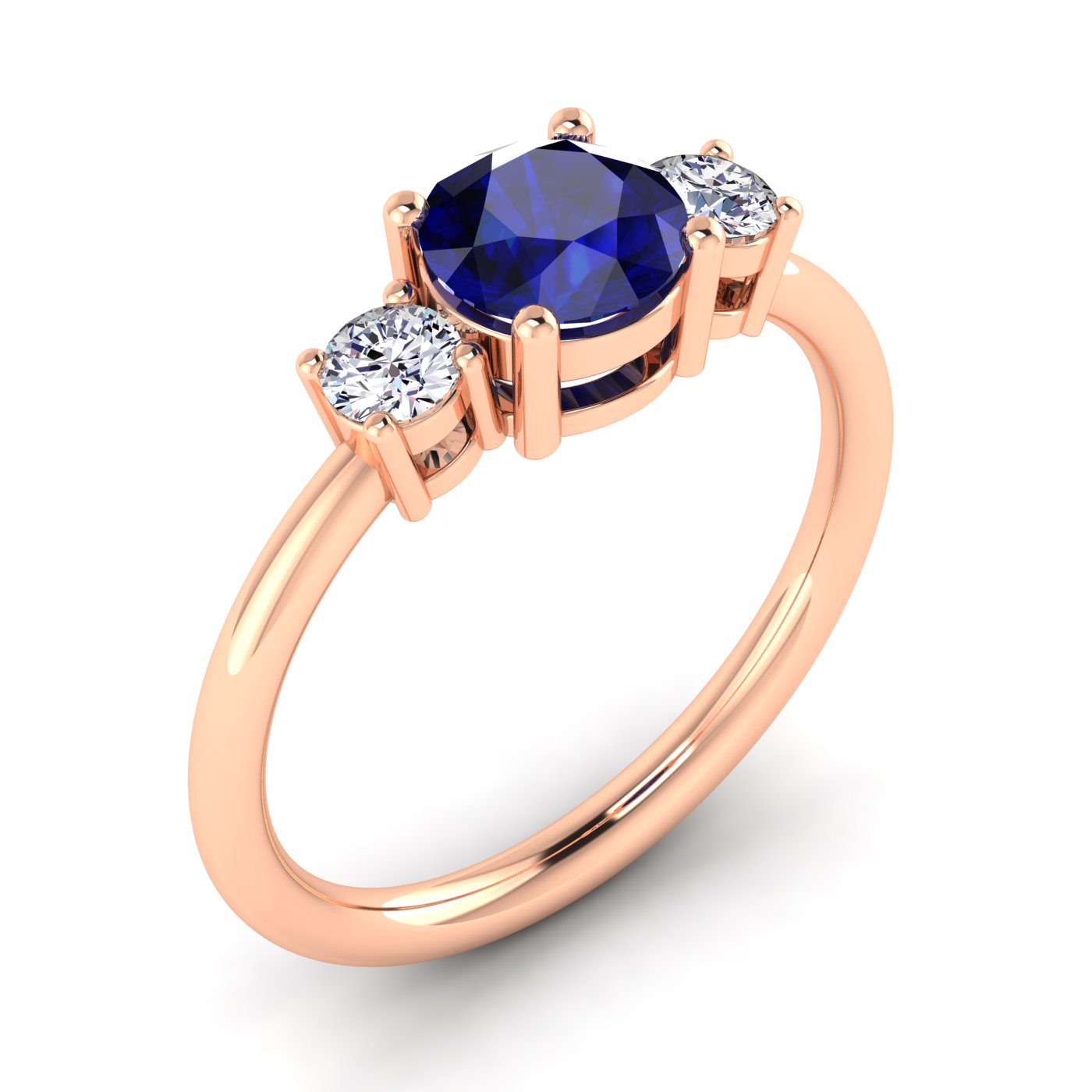 Classic Three-Stone Round Shaped Blue Sapphire With Round Diamonds Ring