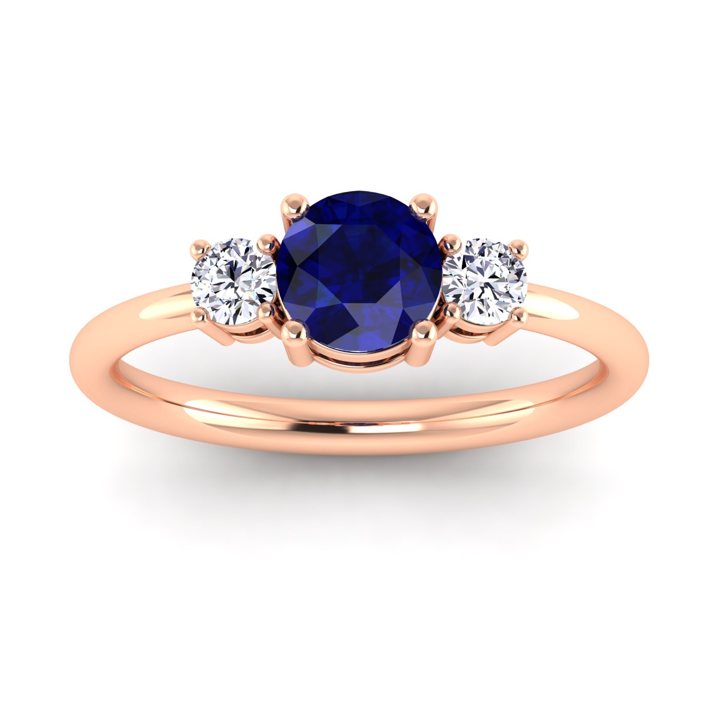 Classic Three-Stone Round Shaped Blue Sapphire With Round Diamonds Ring