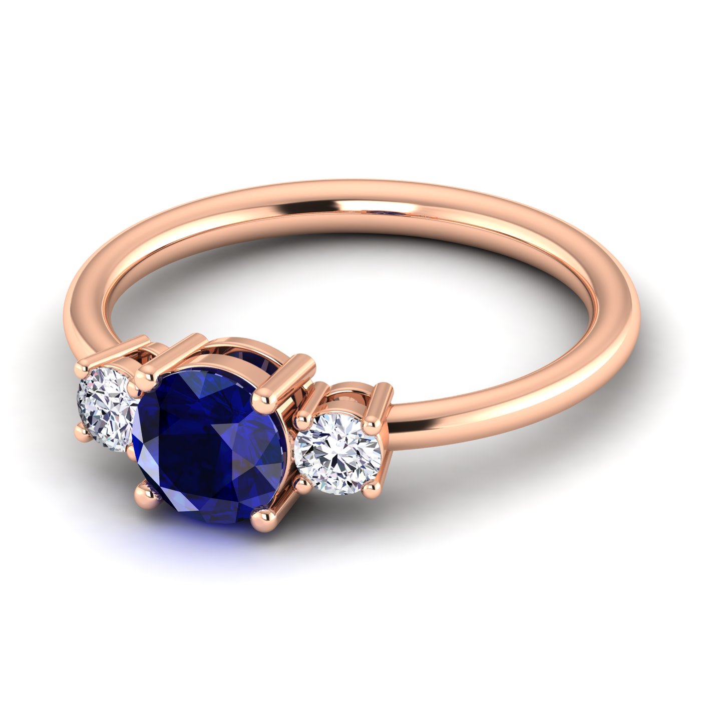 Classic Three-Stone Round Shaped Blue Sapphire With Round Diamonds Ring