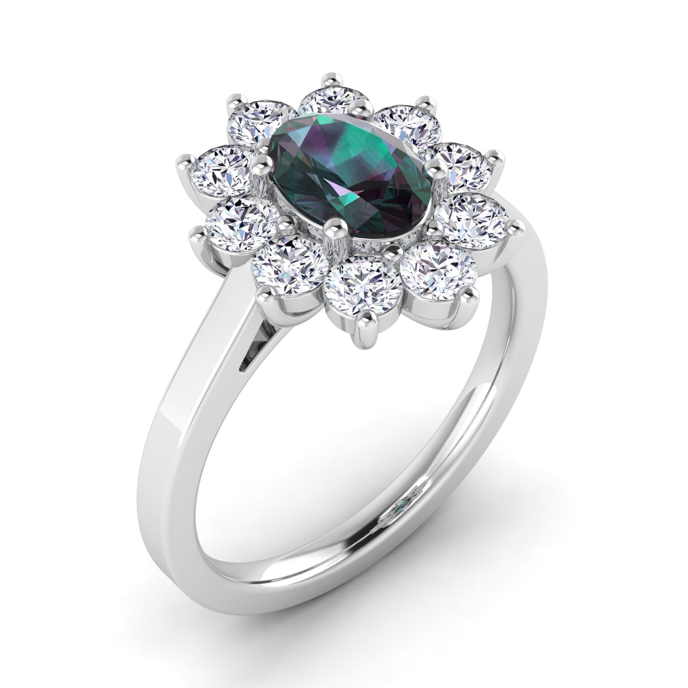 White Gold, Lab grown alexandrite ring with synthetic diamonds