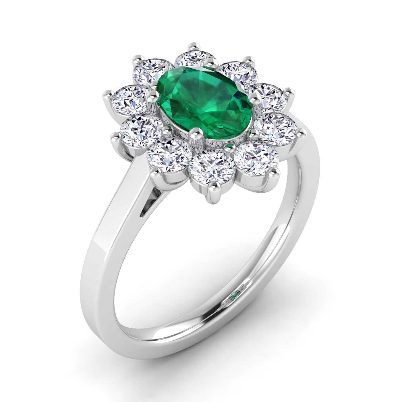 White Gold, Lab grown emerald ring with synthetic diamonds