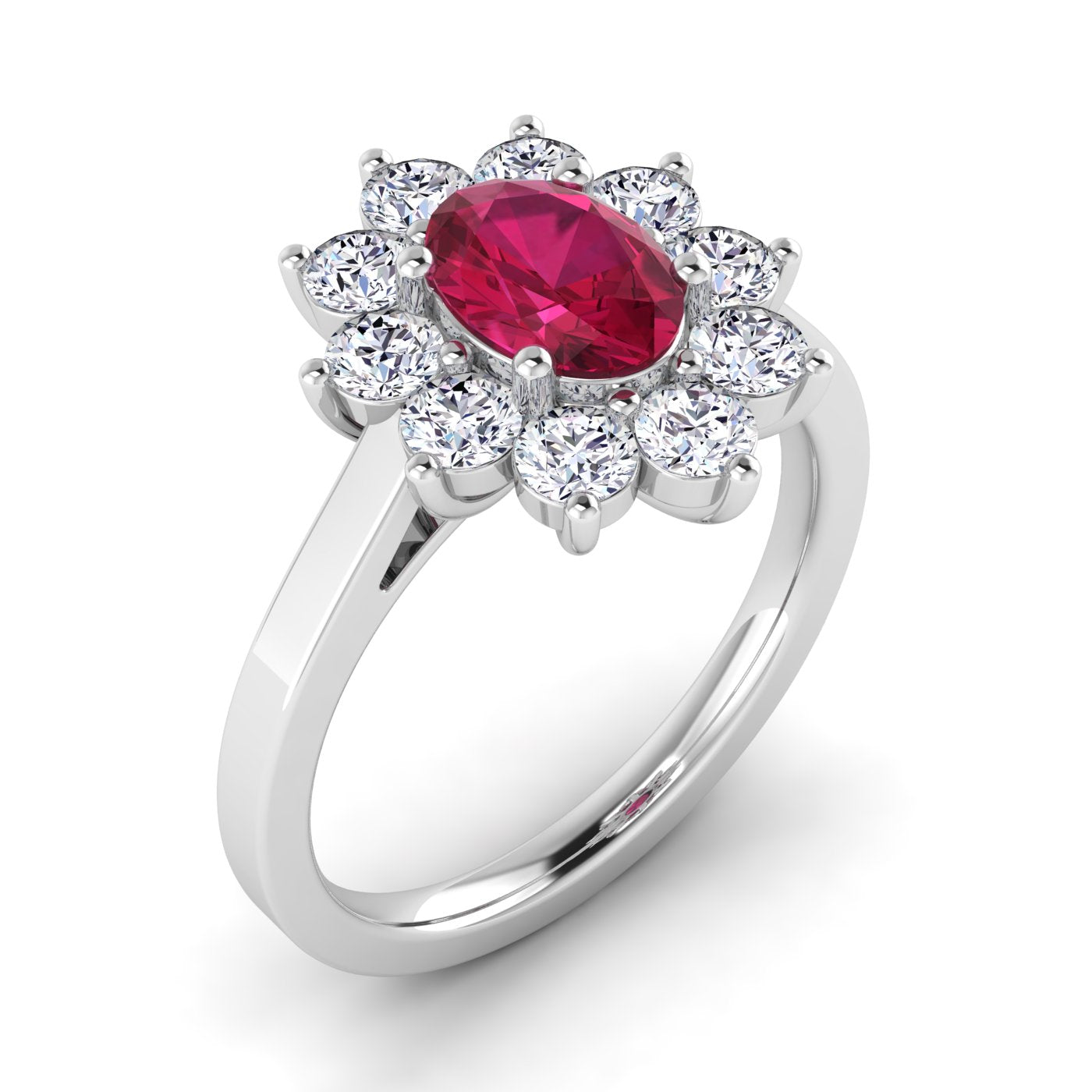 White Gold, Lab grown ruby ring with synthetic diamonds