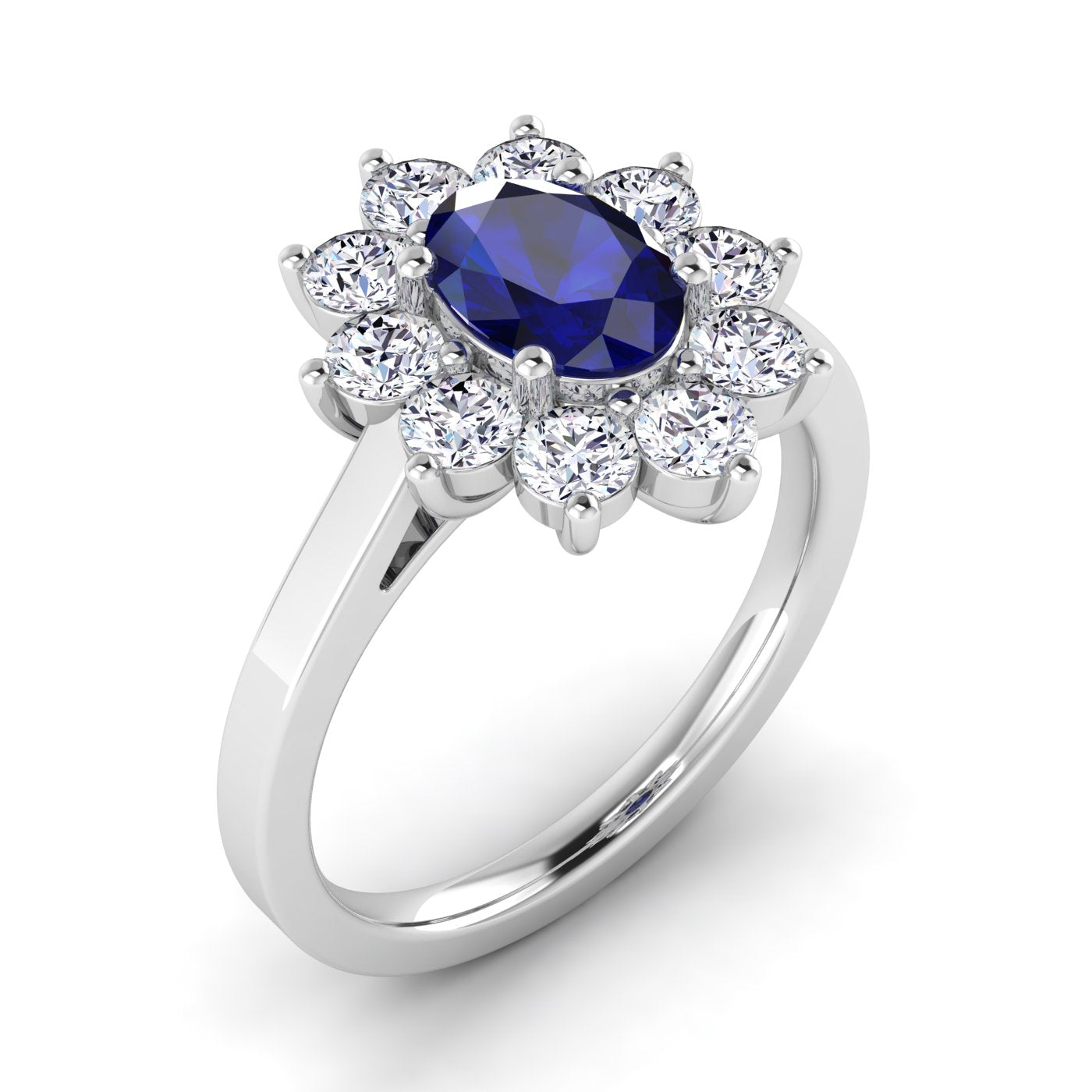 White Gold, Lab grown sapphire ring with synthetic diamonds